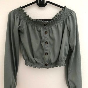 Blue balloon sleeve blouse with buttons